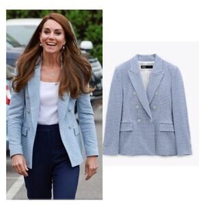Zara Houndstooth Double-Breasted Blazer Jacket in Blue ASO Princess Kate Sz S